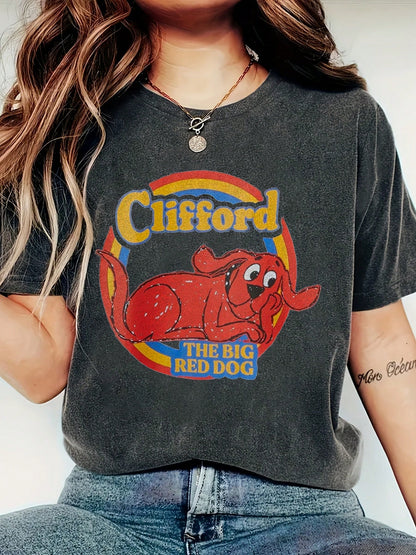 Women'S Clifford The Big Red Dog Graphic T-Shirt- Casual Round Neck Short Sleeve Tee, Soft & Comfortable Fit, Gray With Vibrant Red & Yello