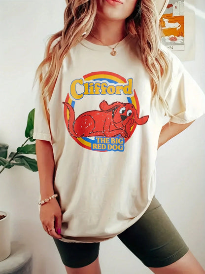 Women'S Clifford The Big Red Dog Graphic T-Shirt- Casual Round Neck Short Sleeve Tee, Soft & Comfortable Fit, Gray With Vibrant Red & Yello