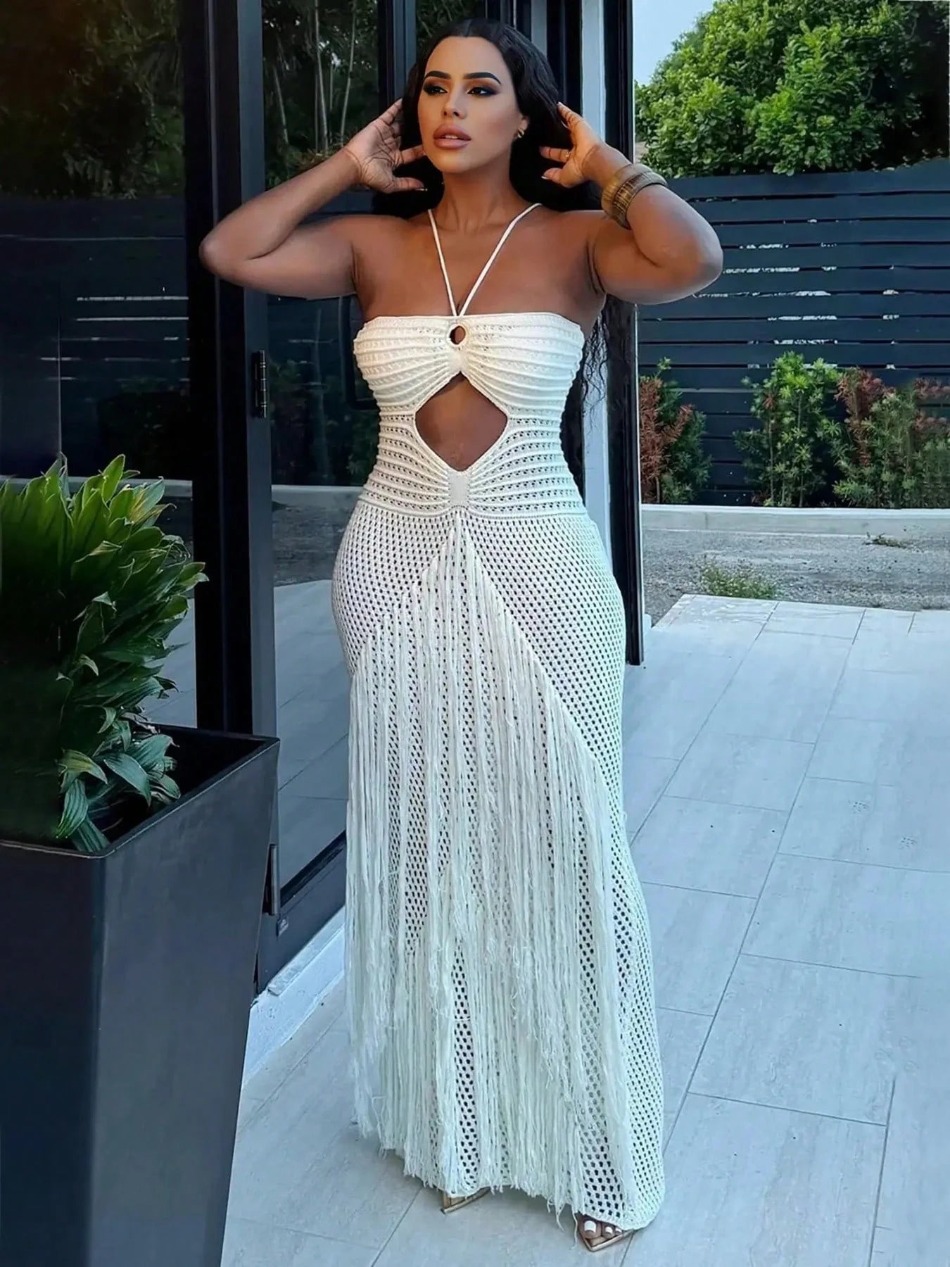 Women's Crochet Knit Maxi Dress With Fringe Sexy See Through Cutout Halter Backless Boho Style Beach Party Vacation Summer Outfit Resort Wear