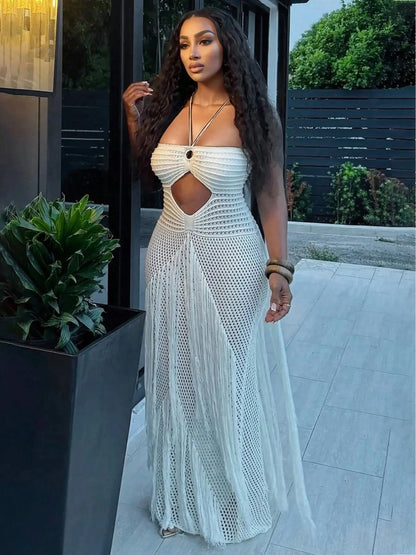 Women's Crochet Knit Maxi Dress With Fringe Sexy See Through Cutout Halter Backless Boho Style Beach Party Vacation Summer Outfit Resort Wear