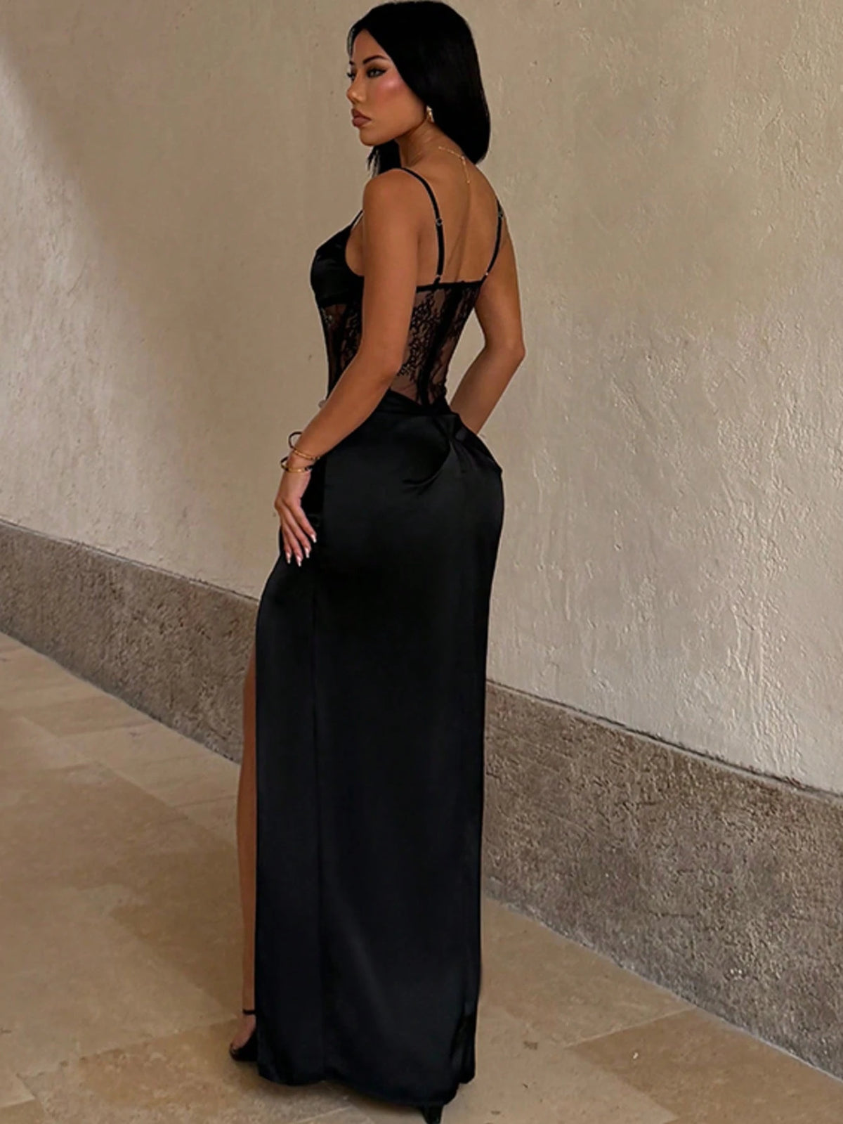 Women's Elegant Black Fitted Spaghetti Strap Dress, Lace Bodice Design, Asymmetrical Thigh Slit, Slim Fit Maxi Party Summer Dress, Date Night
