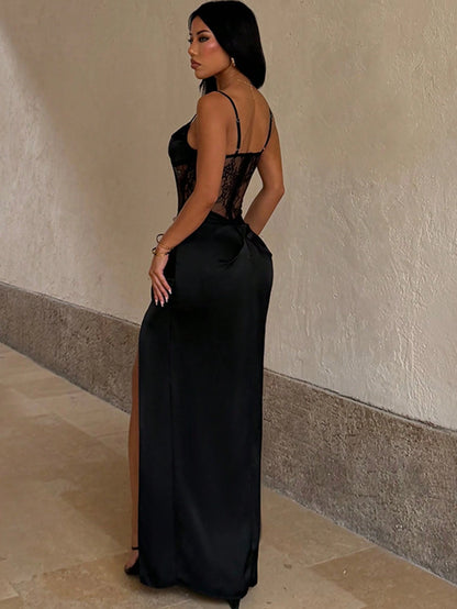 Women's Elegant Black Fitted Spaghetti Strap Dress, Lace Bodice Design, Asymmetrical Thigh Slit, Slim Fit Maxi Party Summer Dress, Date Night