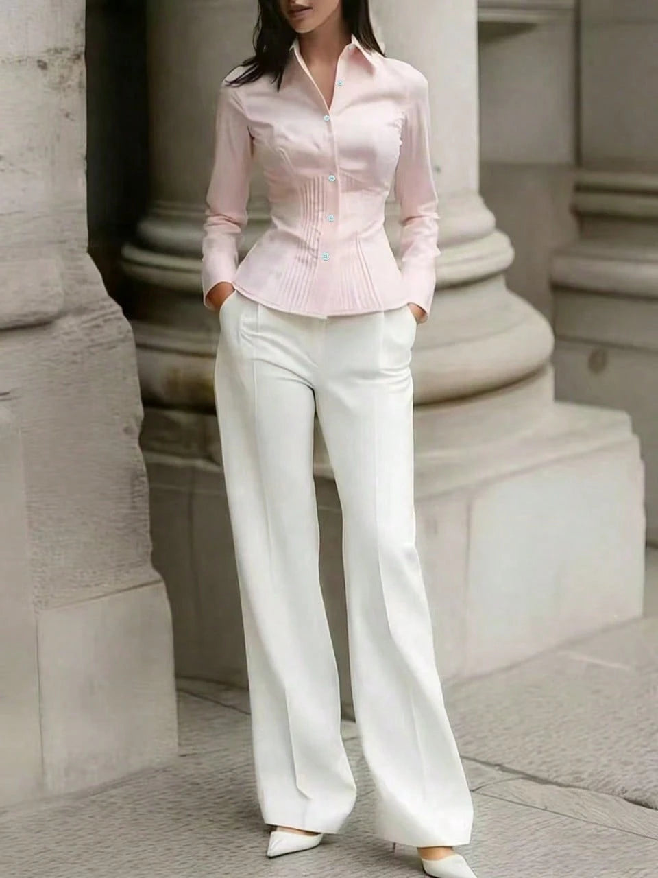 Women's Elegant Blouse, Fashionable Pink Long Sleeve Button-Up Shirt With Ruffle Design, High-End Sophisticated Style, Professional Minimalist Look, Suitable For Casual Occasions And Dates Spring