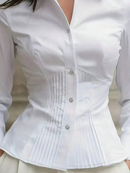Women's Elegant Blouse, Fashionable Pink Long Sleeve Button-Up Shirt With Ruffle Design, High-End Sophisticated Style, Professional Minimalist Look, Suitable For Casual Occasions And Dates Spring