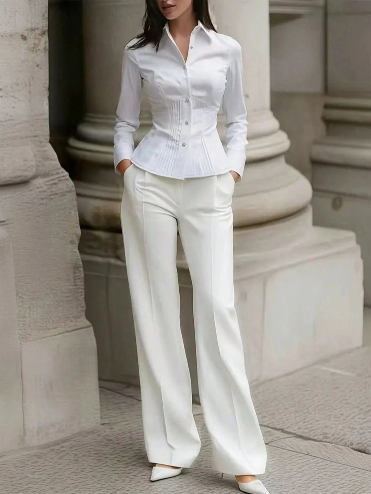 Women's Elegant Blouse, Fashionable Pink Long Sleeve Button-Up Shirt With Ruffle Design, High-End Sophisticated Style, Professional Minimalist Look, Suitable For Casual Occasions And Dates Spring