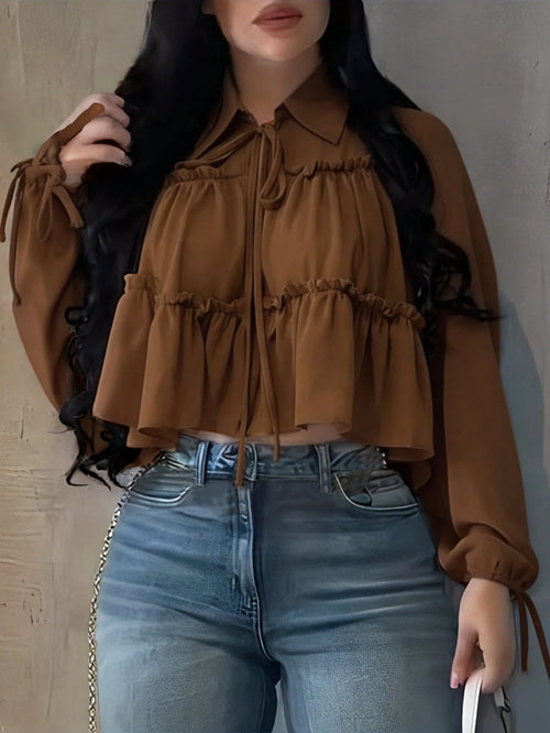 Women's Elegant Casual Shirt, Asymmetric Design, Lapel Tie Lantern Sleeve Loose Shirt, Solid Color Woven Fabric Pleated Hem, Spring/Summer Brown