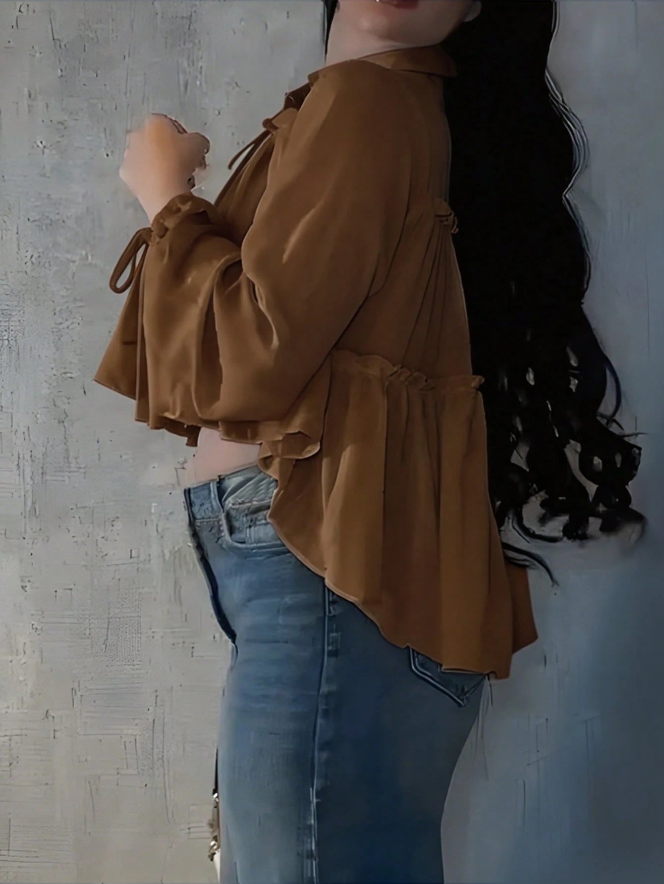 Women's Elegant Casual Shirt, Asymmetric Design, Lapel Tie Lantern Sleeve Loose Shirt, Solid Color Woven Fabric Pleated Hem, Spring/Summer Brown