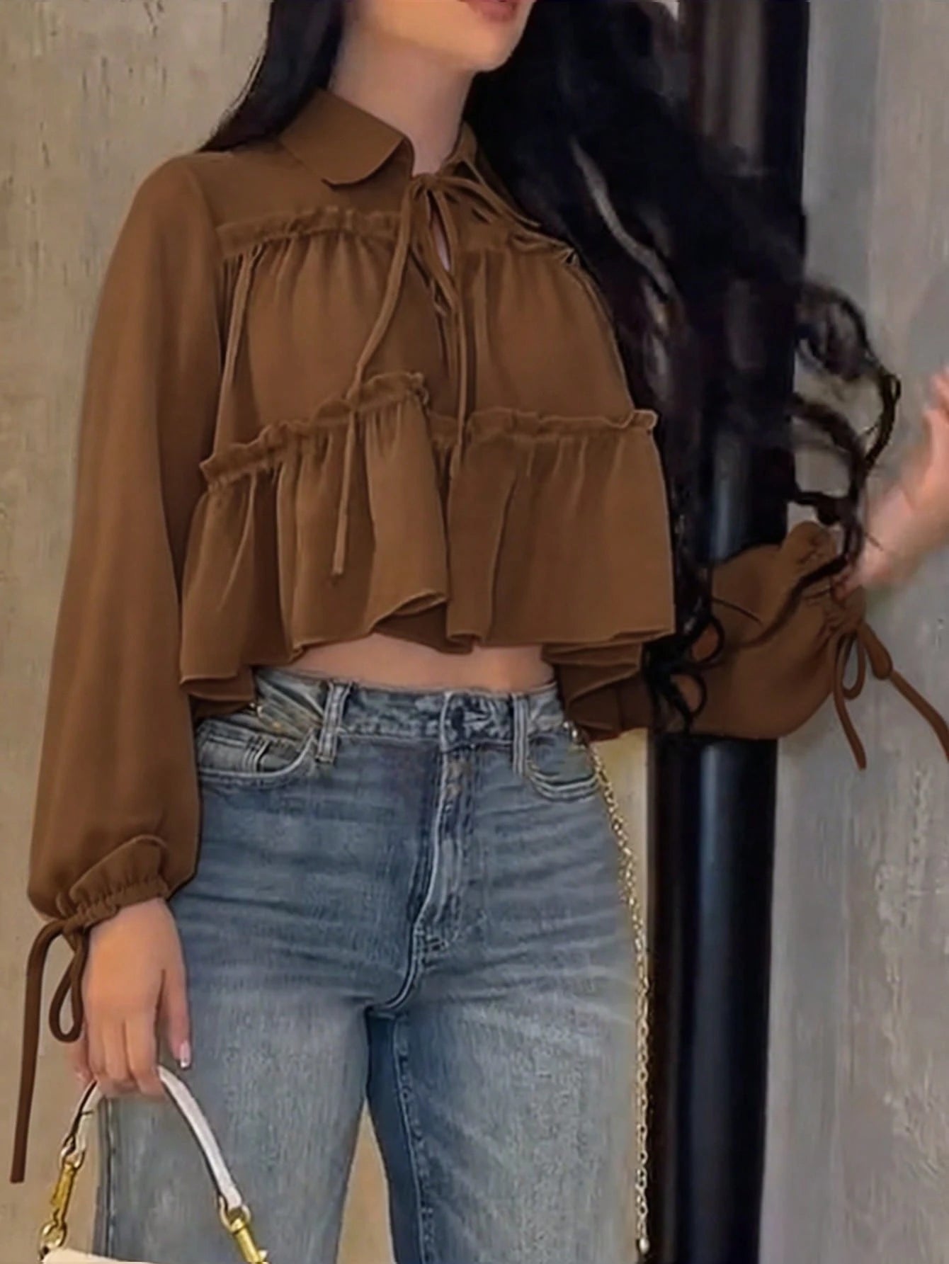 Women's Elegant Casual Shirt, Asymmetric Design, Lapel Tie Lantern Sleeve Loose Shirt, Solid Color Woven Fabric Pleated Hem, Spring/Summer Brown
