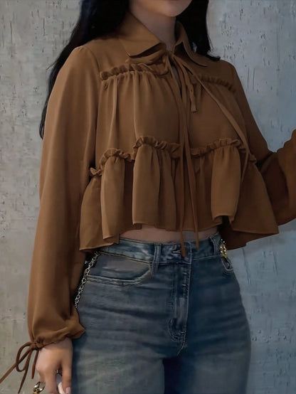 Women's Elegant Casual Shirt, Asymmetric Design, Lapel Tie Lantern Sleeve Loose Shirt, Solid Color Woven Fabric Pleated Hem, Spring/Summer Brown