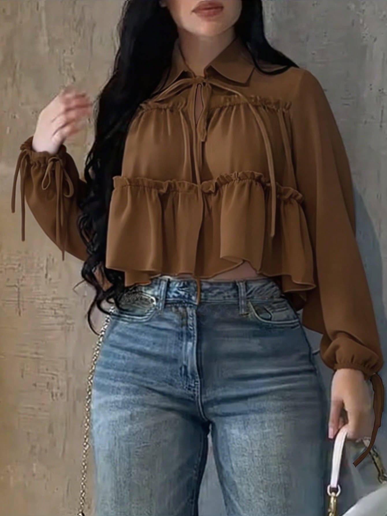 Women's Elegant Casual Shirt, Asymmetric Design, Lapel Tie Lantern Sleeve Loose Shirt, Solid Color Woven Fabric Pleated Hem, Spring/Summer Brown