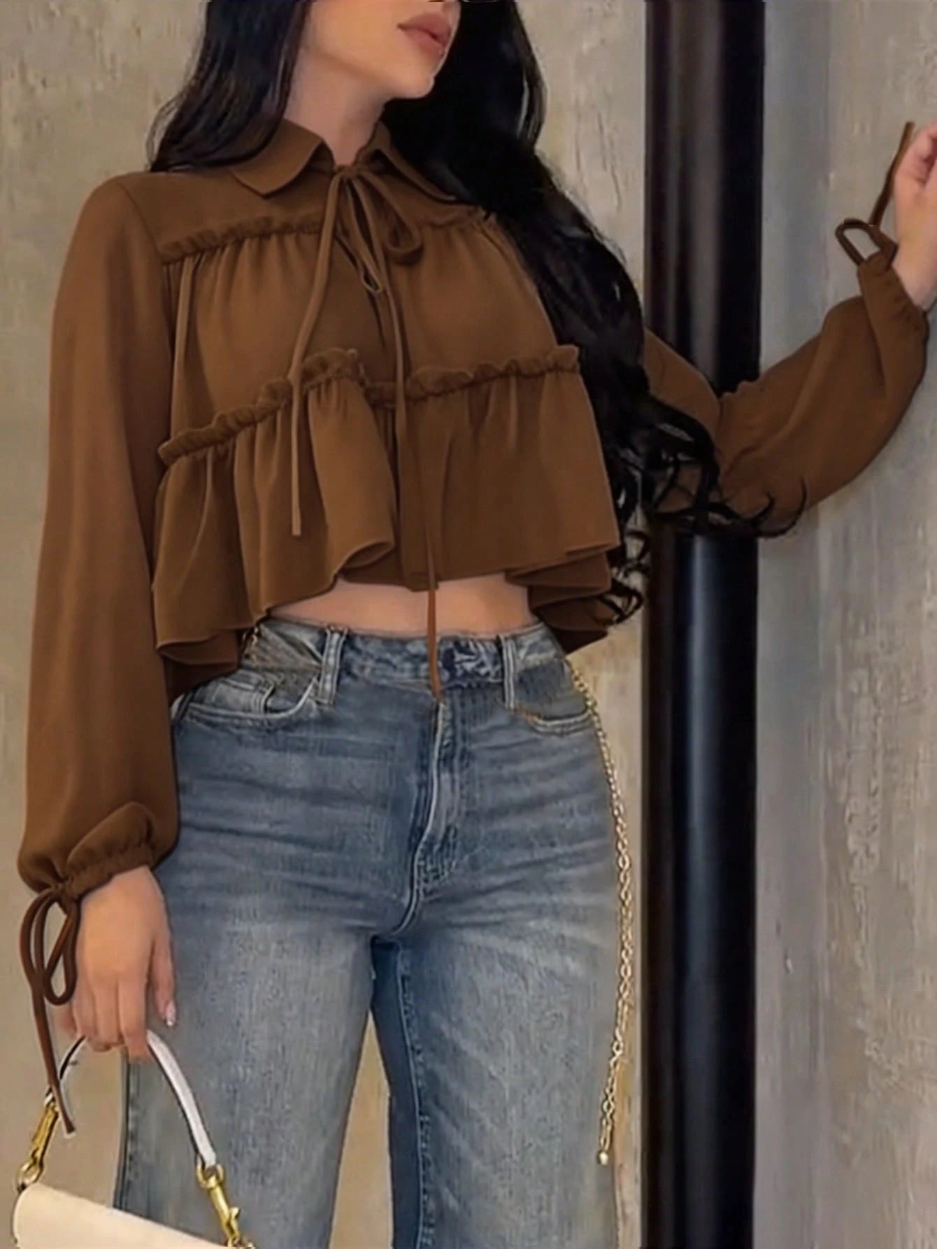 Women's Elegant Casual Shirt, Asymmetric Design, Lapel Tie Lantern Sleeve Loose Shirt, Solid Color Woven Fabric Pleated Hem, Spring/Summer Brown