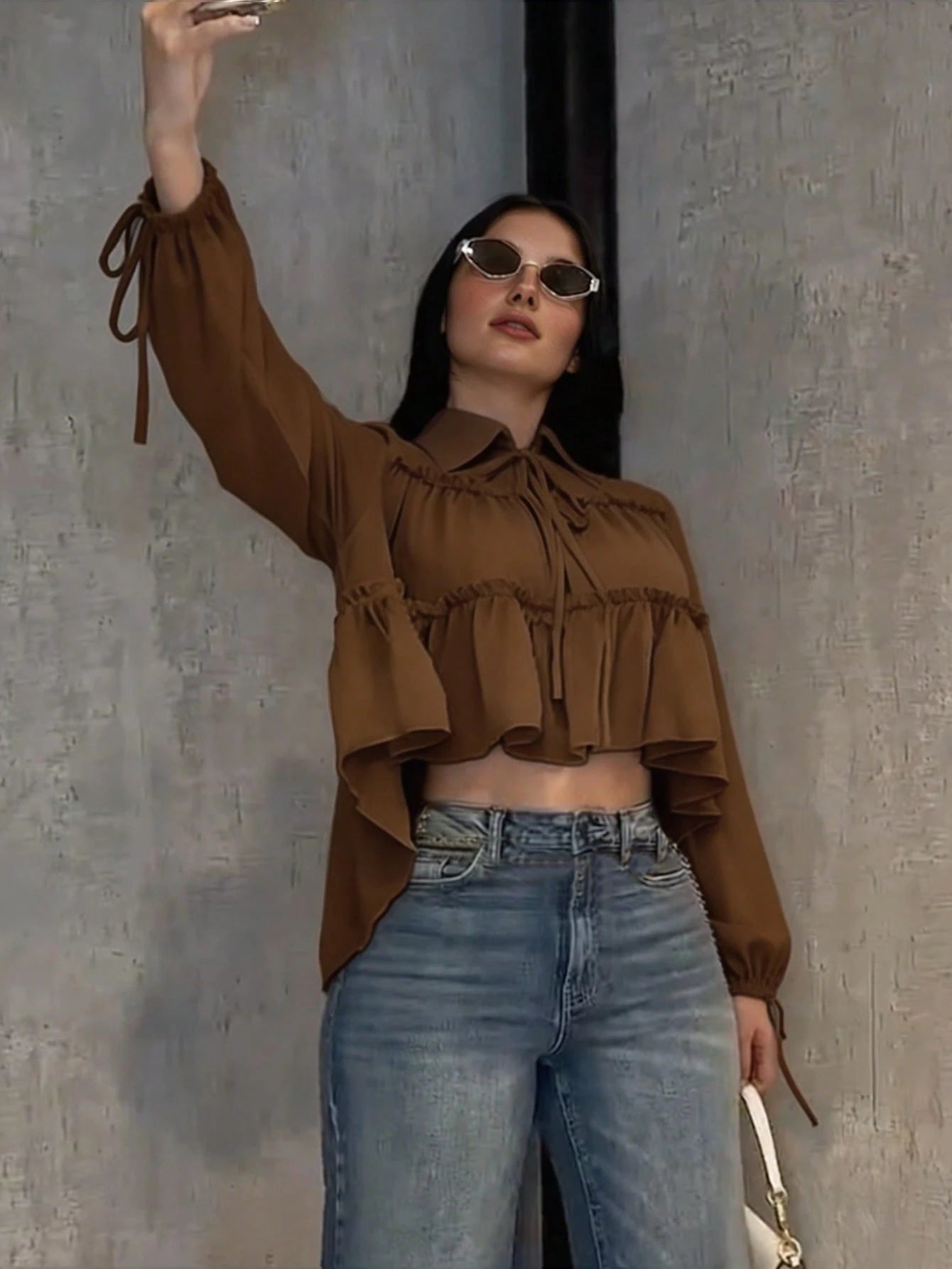 Women's Elegant Casual Shirt, Asymmetric Design, Lapel Tie Lantern Sleeve Loose Shirt, Solid Color Woven Fabric Pleated Hem, Spring/Summer Brown
