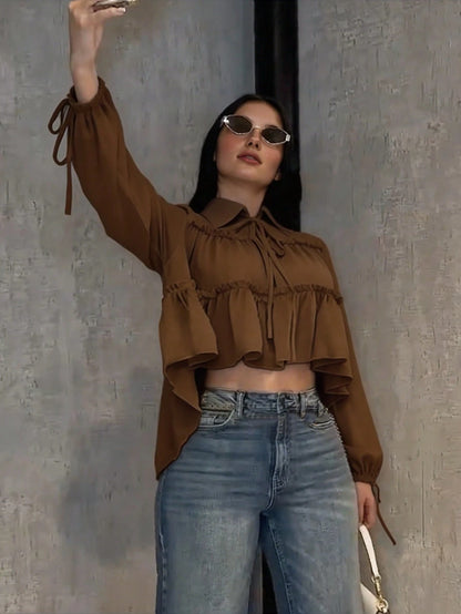 Women's Elegant Casual Shirt, Asymmetric Design, Lapel Tie Lantern Sleeve Loose Shirt, Solid Color Woven Fabric Pleated Hem, Spring/Summer Brown