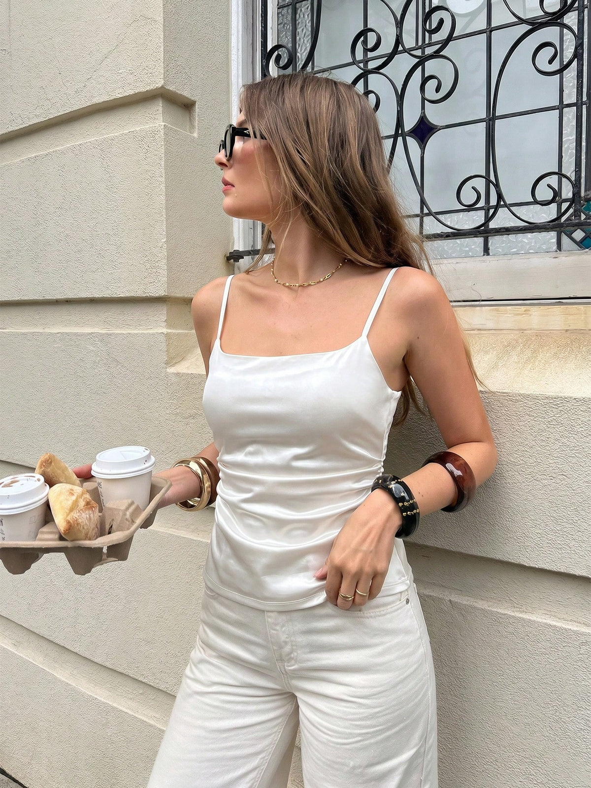 Women's Elegant Champagne Summer Silky Ruched Cami Top,Slim Fit Spaghetti Strap Satin Camisole,Sleeveless Tank Top For Dinner Date,Business & Office