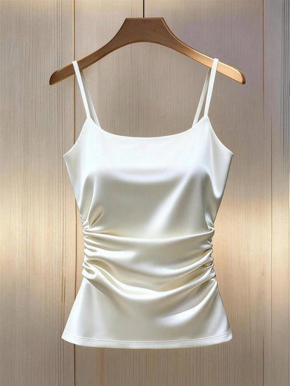 Women's Elegant Champagne Summer Silky Ruched Cami Top,Slim Fit Spaghetti Strap Satin Camisole,Sleeveless Tank Top For Dinner Date,Business & Office