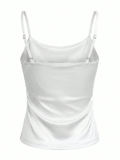 Women's Elegant Champagne Summer Silky Ruched Cami Top,Slim Fit Spaghetti Strap Satin Camisole,Sleeveless Tank Top For Dinner Date,Business & Office