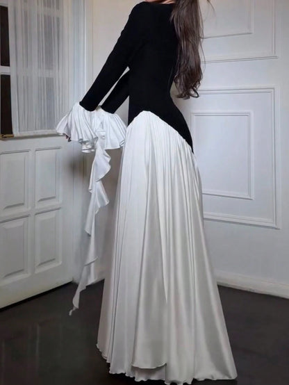 Women's Elegant Color Block Round Neck Slimming High Waist Knit Midi Dress Black Spring