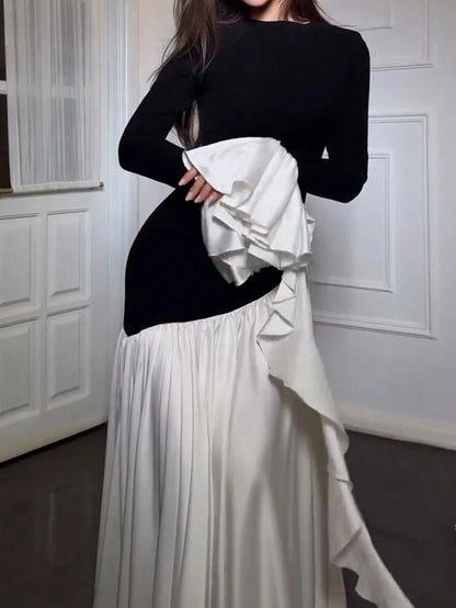 Women's Elegant Color Block Round Neck Slimming High Waist Knit Midi Dress Black Spring