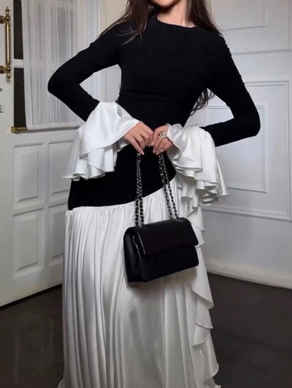 Women's Elegant Color Block Round Neck Slimming High Waist Knit Midi Dress Black Spring