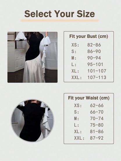 Women's Elegant Color Block Round Neck Slimming High Waist Knit Midi Dress Black Spring