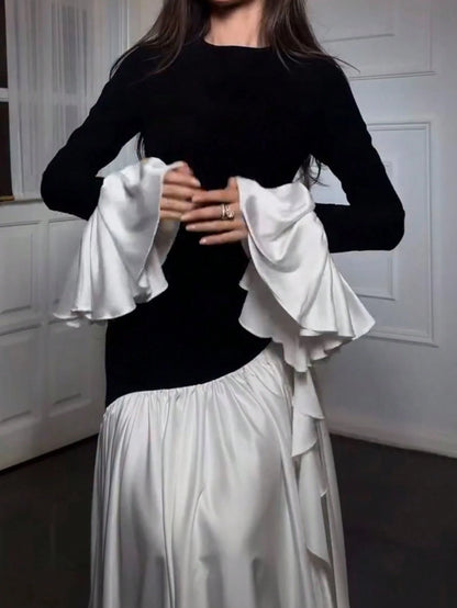 Women's Elegant Color Block Round Neck Slimming High Waist Knit Midi Dress Black Spring