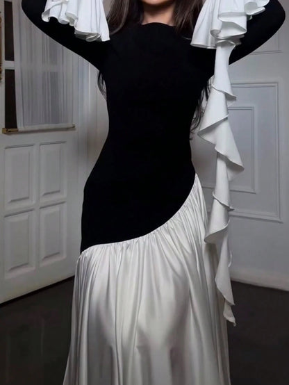 Women's Elegant Color Block Round Neck Slimming High Waist Knit Midi Dress Black Spring