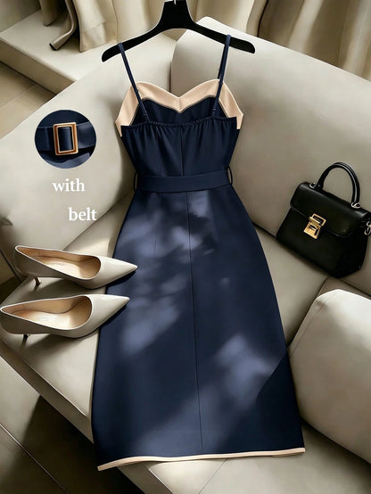 Women's Elegant Contrast Color Button Design Slip Dress