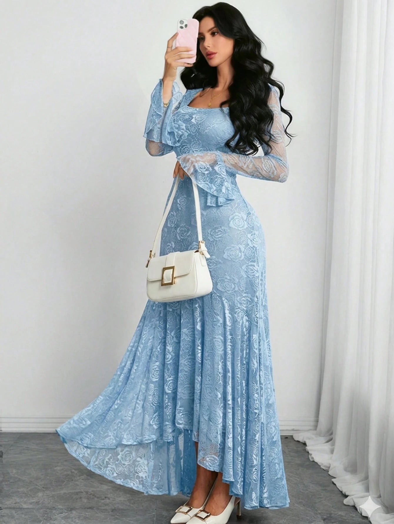 Women's Elegant French Romantic Sexy Square Neck Rose Lace Jacquard Vintage Double-Layer Ruffle Sleeve Asymmetrical Hem Dress, Suitable For Dates, Holidays And Daily Wear Spring