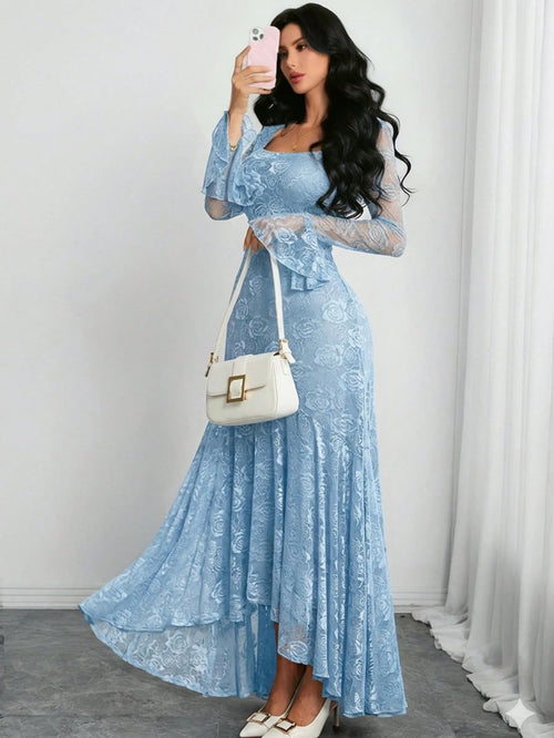 Women's Elegant French Romantic Sexy Square Neck Rose Lace Jacquard Vintage Double-Layer Ruffle Sleeve Asymmetrical Hem Dress, Suitable For Dates, Holidays And Daily Wear Spring
