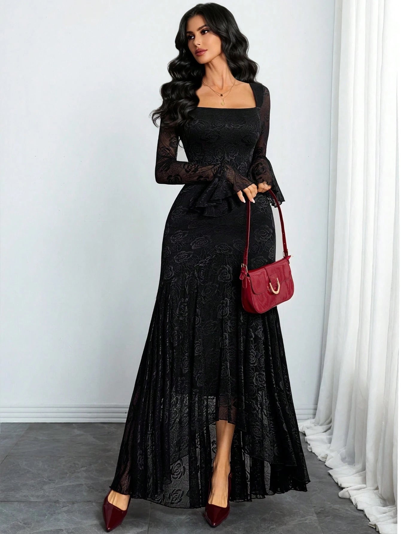Women's Elegant French Romantic Sexy Square Neck Rose Lace Jacquard Vintage Double-Layer Ruffle Sleeve Asymmetric Hem Dress, Suitable For Dates, Vacations And Everyday Wear Black Spring