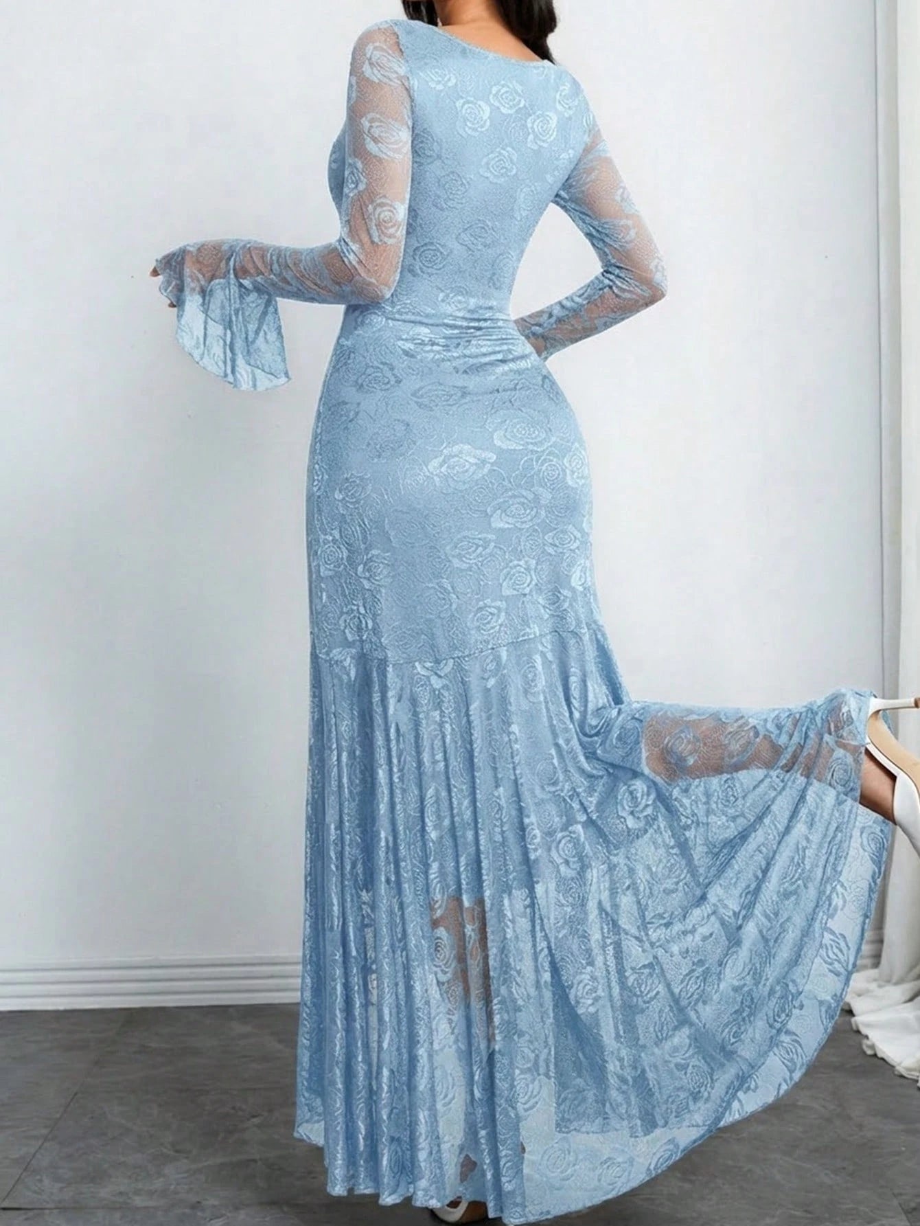 Women's Elegant French Romantic Sexy Square Neck Rose Lace Jacquard Vintage Double-Layer Ruffle Sleeve Asymmetrical Hem Dress, Suitable For Dates, Holidays And Daily Wear Spring