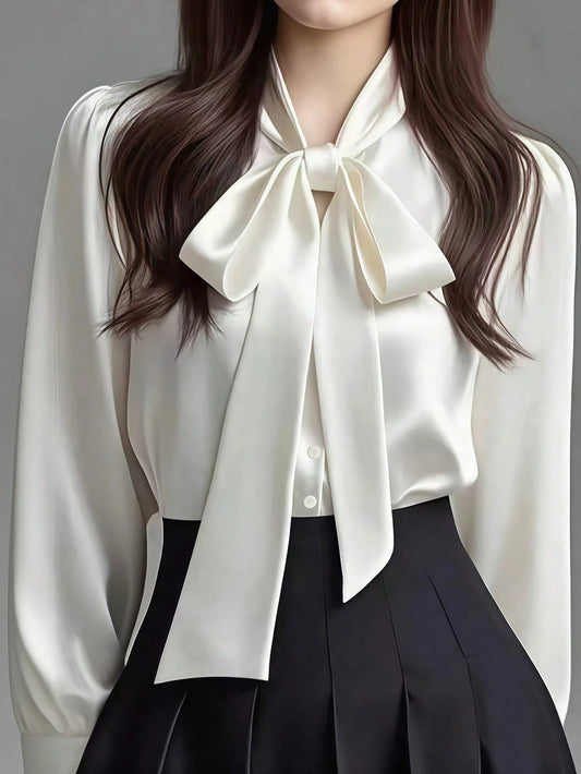 Women's Elegant Satin White Long Sleeve Casual Shirt, Versatile Commuter Chic Blouse With Bow Collar Detail, Solid Color Suitable For All Seasons, Machine Washable Non-Sheer, Soft Skin-Friendly Breath