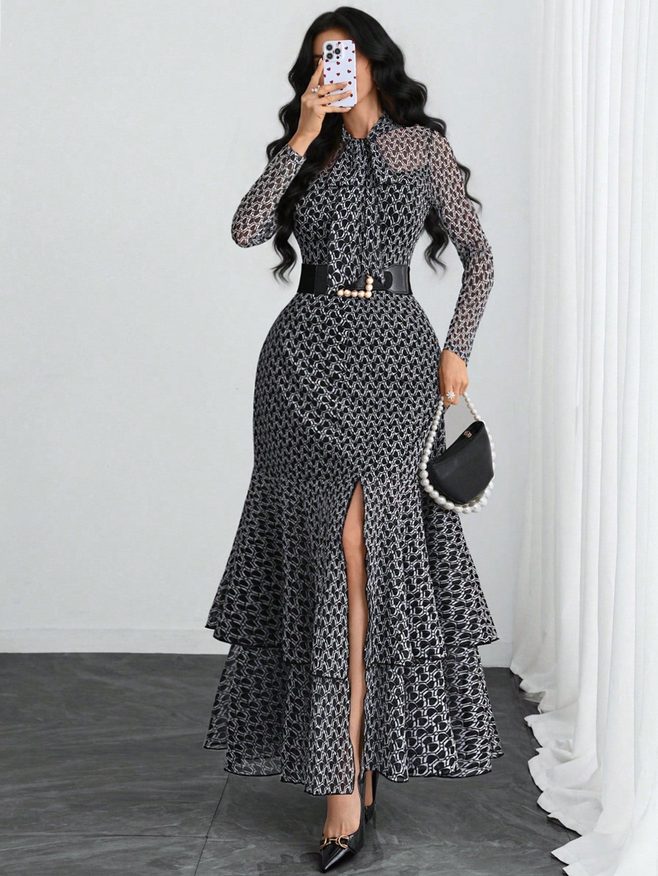 Women's Elegant Sexy Romantic Retro Modern French Bow Print Two-Layer Elastic Dress, Suitable For Holidays, Work, Dates, Vacations And Various Occasions Black