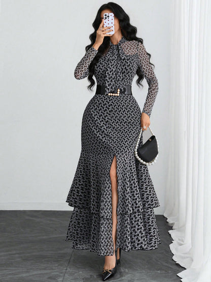Women's Elegant Sexy Romantic Retro Modern French Bow Print Two-Layer Elastic Dress, Suitable For Holidays, Work, Dates, Vacations And Various Occasions Black
