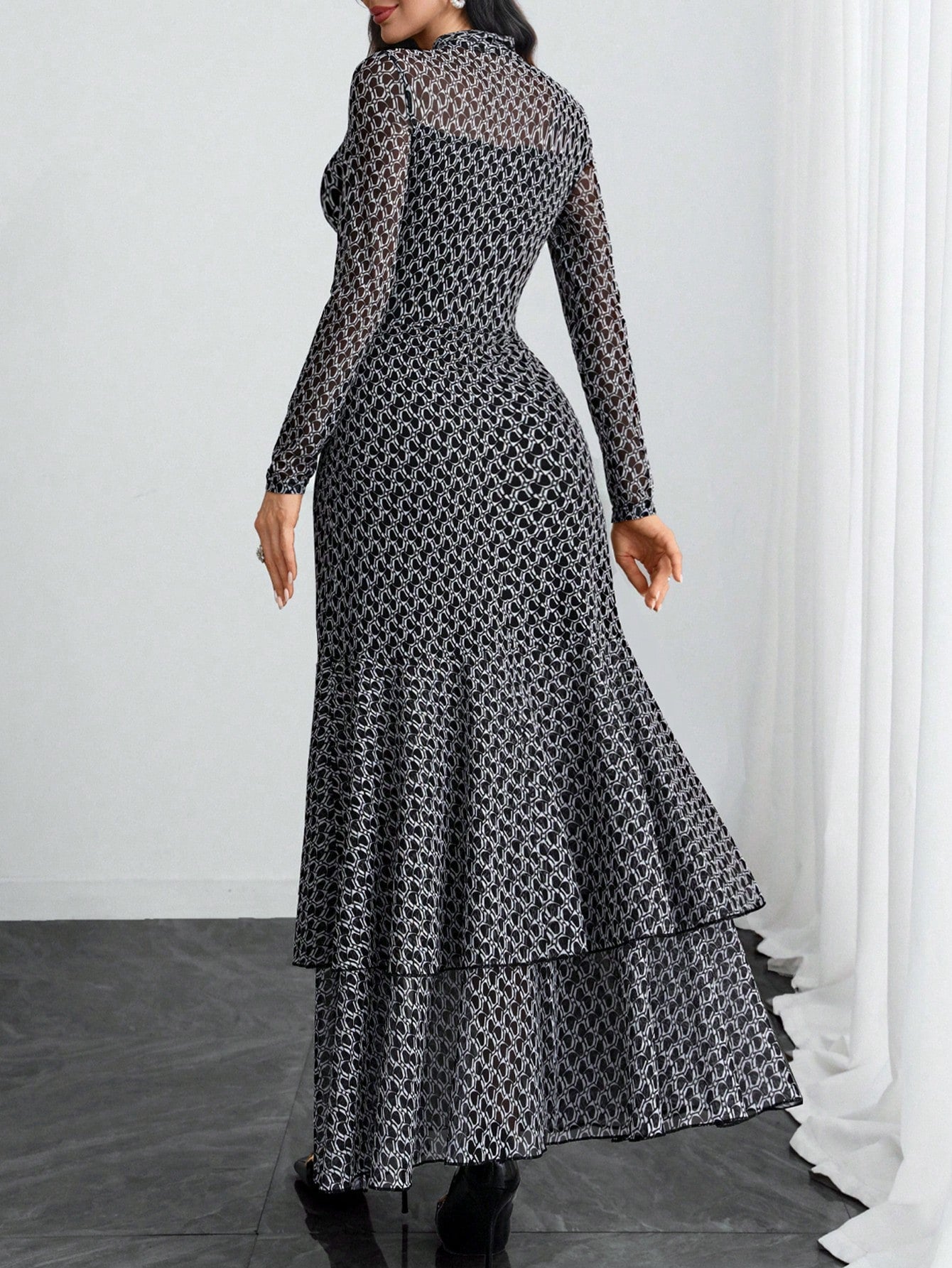 Women's Elegant Sexy Romantic Retro Modern French Bow Print Two-Layer Elastic Dress, Suitable For Holidays, Work, Dates, Vacations And Various Occasions Black