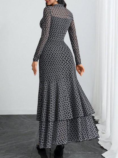 Women's Elegant Sexy Romantic Retro Modern French Bow Print Two-Layer Elastic Dress, Suitable For Holidays, Work, Dates, Vacations And Various Occasions Black