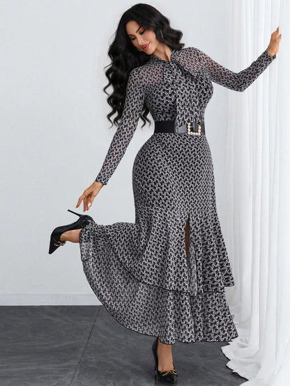 Women's Elegant Sexy Romantic Retro Modern French Bow Print Two-Layer Elastic Dress, Suitable For Holidays, Work, Dates, Vacations And Various Occasions Black