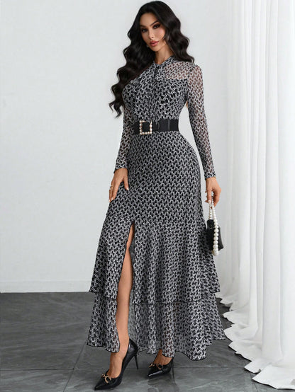 Women's Elegant Sexy Romantic Retro Modern French Bow Print Two-Layer Elastic Dress, Suitable For Holidays, Work, Dates, Vacations And Various Occasions Black