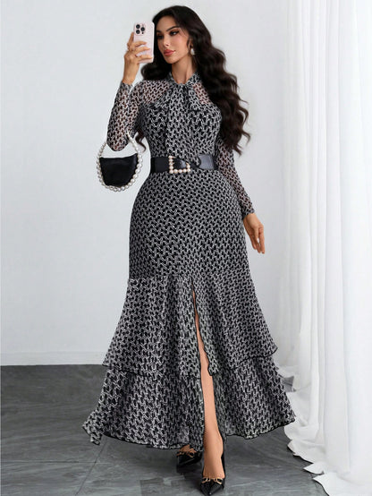 Women's Elegant Sexy Romantic Retro Modern French Bow Print Two-Layer Elastic Dress, Suitable For Holidays, Work, Dates, Vacations And Various Occasions Black