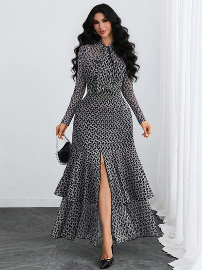 Women's Elegant Sexy Romantic Retro Modern French Bow Print Two-Layer Elastic Dress, Suitable For Holidays, Work, Dates, Vacations And Various Occasions Black