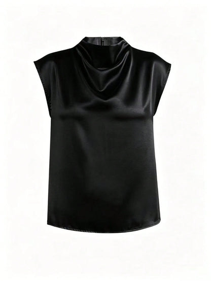 Women's Elegant Solid Satin Blouse, Suitable For Dates And Office Black Summer