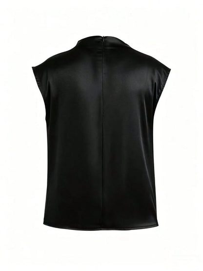 Women's Elegant Solid Satin Blouse, Suitable For Dates And Office Black Summer