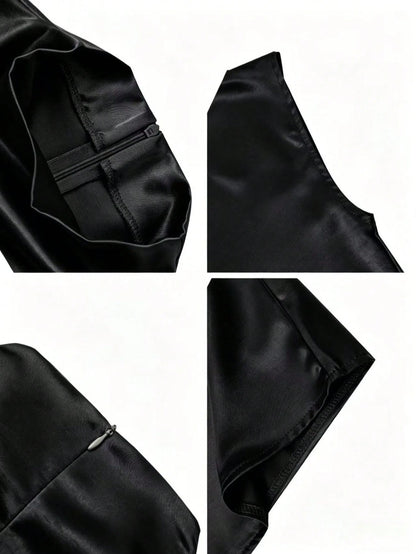 Women's Elegant Solid Satin Blouse, Suitable For Dates And Office Black Summer