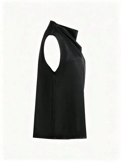 Women's Elegant Solid Satin Blouse, Suitable For Dates And Office Black Summer