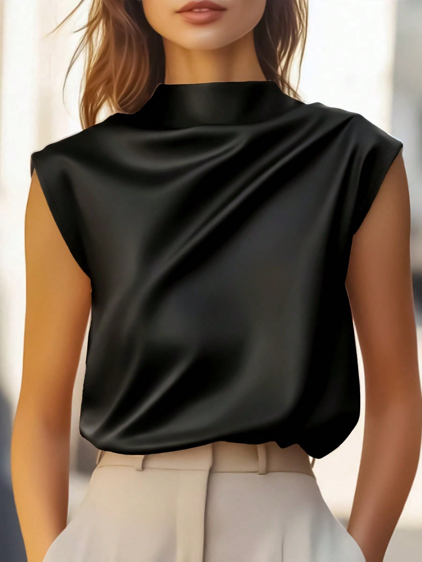 Women's Elegant Solid Satin Blouse, Suitable For Dates And Office Black Summer