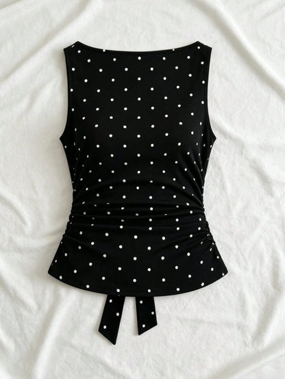 Women's Fashion Cowl Neck Tie Polka Dot Pleated Blouse