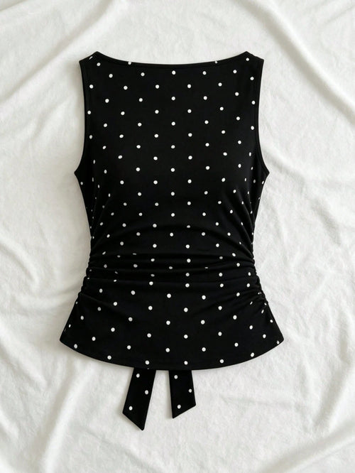 Women's Fashion Cowl Neck Tie Polka Dot Pleated Blouse