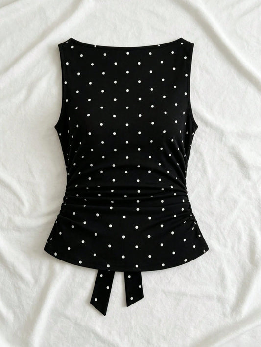 Women's Fashion Cowl Neck Tie Polka Dot Pleated Blouse