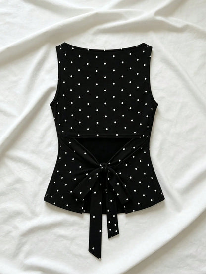 Women's Fashion Cowl Neck Tie Polka Dot Pleated Blouse