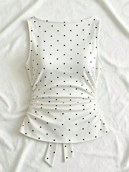 Women's Fashion Cowl Neck Tie Polka Dot Pleated Blouse